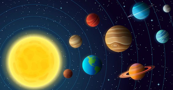 Gambar Sistem Tata Surya dengan planet dan bulan di sekitarnya.