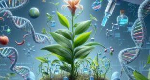 Ilustrasi perkembangan teknologi dalam penelitian biologi, termasuk mikroskop, CRISPR, dan bioprinting.