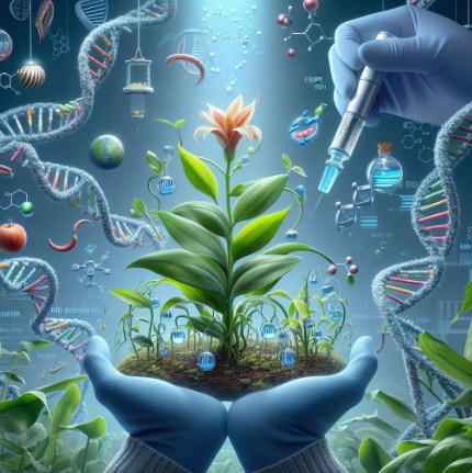 Ilustrasi perkembangan teknologi dalam penelitian biologi, termasuk mikroskop, CRISPR, dan bioprinting.